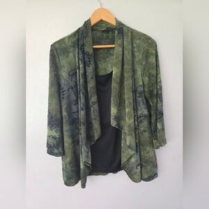 Sere Nade Open Velvet Burnout Cardigan Shirt 1X Kimono Whimsical Forest Green